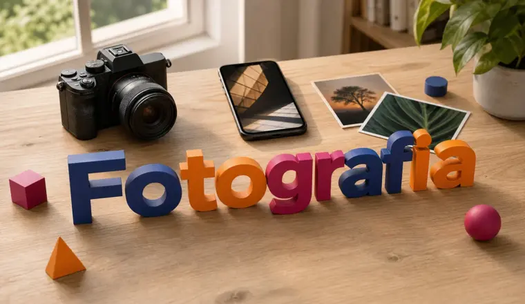 Câmera e celular sobre mesa de madeira, com a palavra Fotografia em letras 3D coloridas e fotos impressas ao fundo.