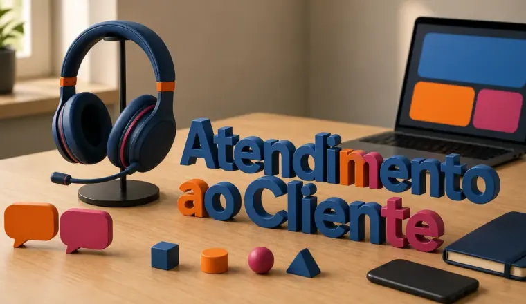Mesa de trabalho com as palavras Atendimento ao Cliente em letras 3D, headset e balões de conversa.