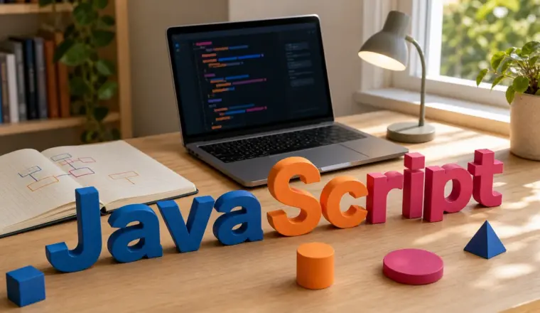 Letras 3D formando JavaScript diante de um notebook com linhas de código em uma mesa de estudos