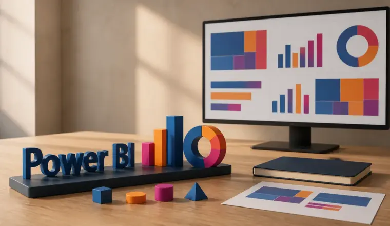 Mesa de estudos com as palavras Power BI em letras 3D diante de um painel de dados abstrato.
