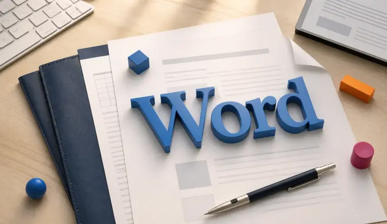 Mesa de estudos com a palavra Word em letras 3D sobre documentos organizados.