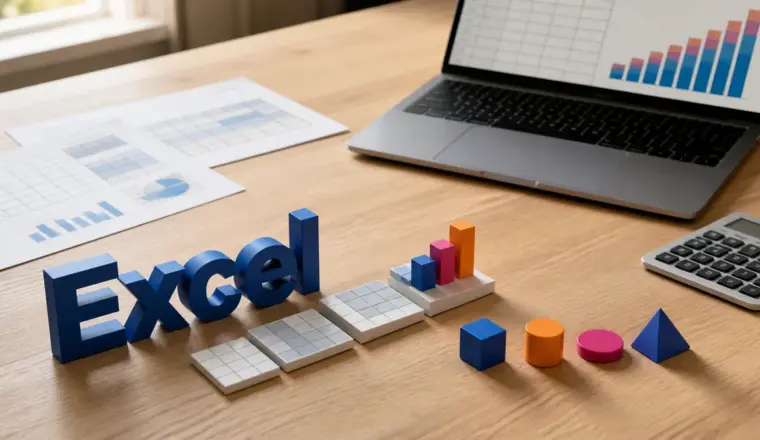 Mesa de estudos com a palavra Excel em letras 3D, células de planilha e gráficos abstratos.