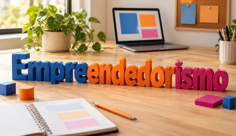 Empreendedorismo em letras 3D coloridas sobre uma mesa com notebook e caderno.
