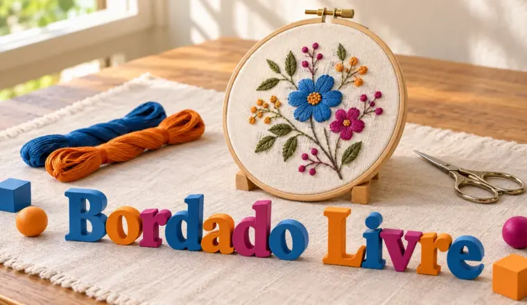 Bastidor com bordado floral e linhas coloridas sobre uma mesa, com a expressão Bordado Livre em letras tridimensionais.