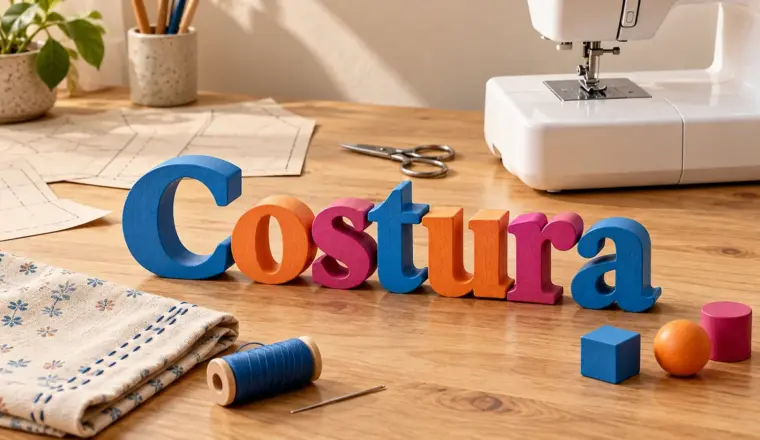 Palavra Costura em letras 3D sobre uma mesa com máquina, moldes, linha e tecido com pontos à mão.