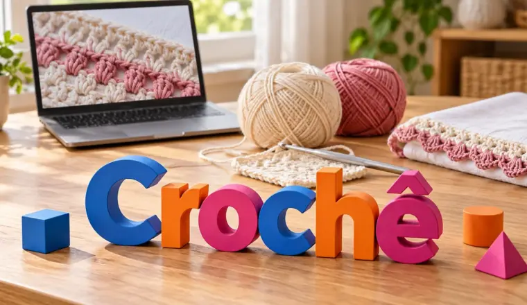 Palavra Crochê em 3D sobre mesa com fios, agulha, amostra de pontos e notebook.