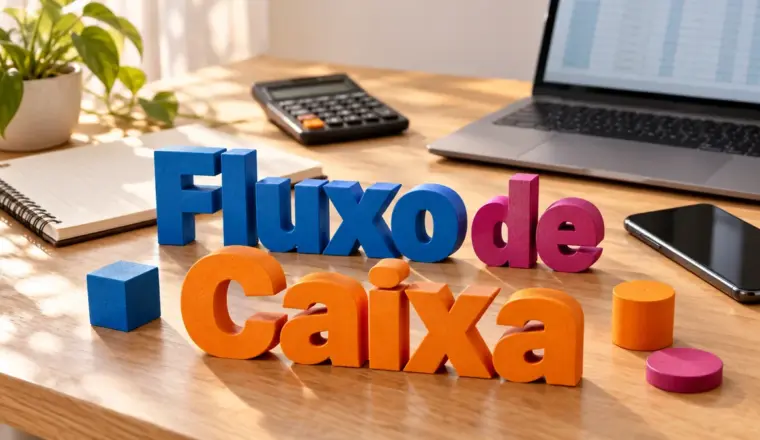 Fluxo de Caixa em letras 3D sobre uma mesa com caderno, calculadora e celular.
