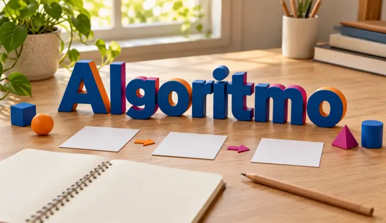 Palavra Algoritmo em letras 3D sobre uma mesa de estudo, com cartões em sequência, caderno e lápis.